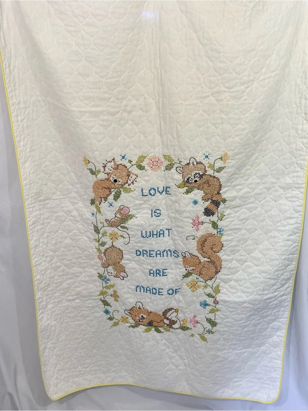 Vintage Cross Stitched Baby Quilt Animal Blanket Raccoon Squirrel